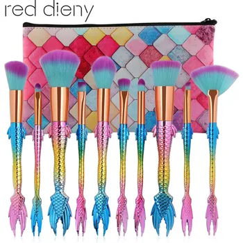 

10Pcs Colorful Mermaid Shape Makeup Brushes Foundation Eyeshadow Contour Blush Blend Cosmetic Brushes Beauty Tool Kit With Bag