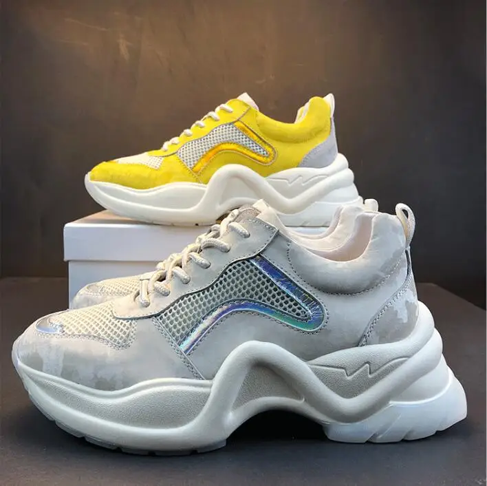 Модные Белые сетчатые женские кроссовки на платформе со шнуровкой; tenis feminino; дышащая женская прогулочная обувь; желтые эспадрильи; криперы