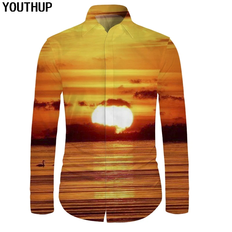 YOUTHUP 2018 новый бренд рубашки Для мужчин 3D печатных Sunset пейзаж Slim Fit рубашки Для мужчин Повседневная рубашка уличная блузка Homme