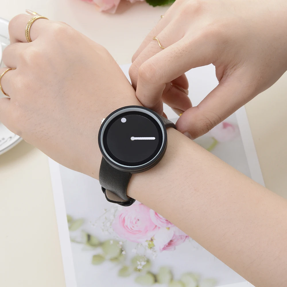 Минималистичный стиль, кожаные Наручные часы для женщин и мужчин, креативный черно-белый дизайн, точка и линия, простые кварцевые часы для лица, подарочные часы