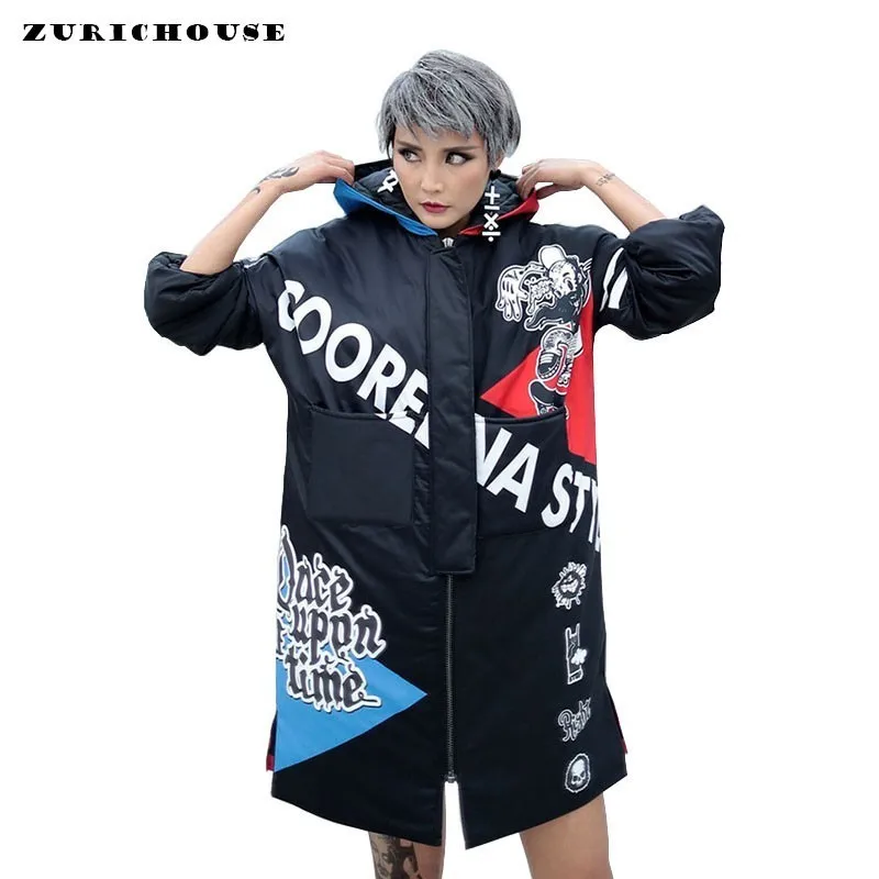 

ZURICHOUSE 2019 Winter Coats Woman Long Hooded Down Padded Jackets Female Fashion Letter-print Punk Style Loose Warm Parka