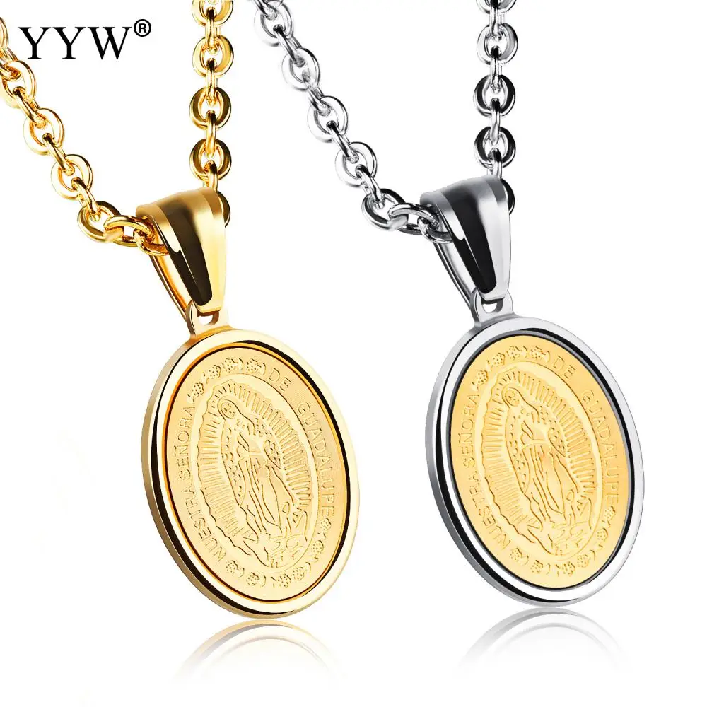 2018 Medal Pendant Necklace Gold Color Round Stainless Steel Catholic