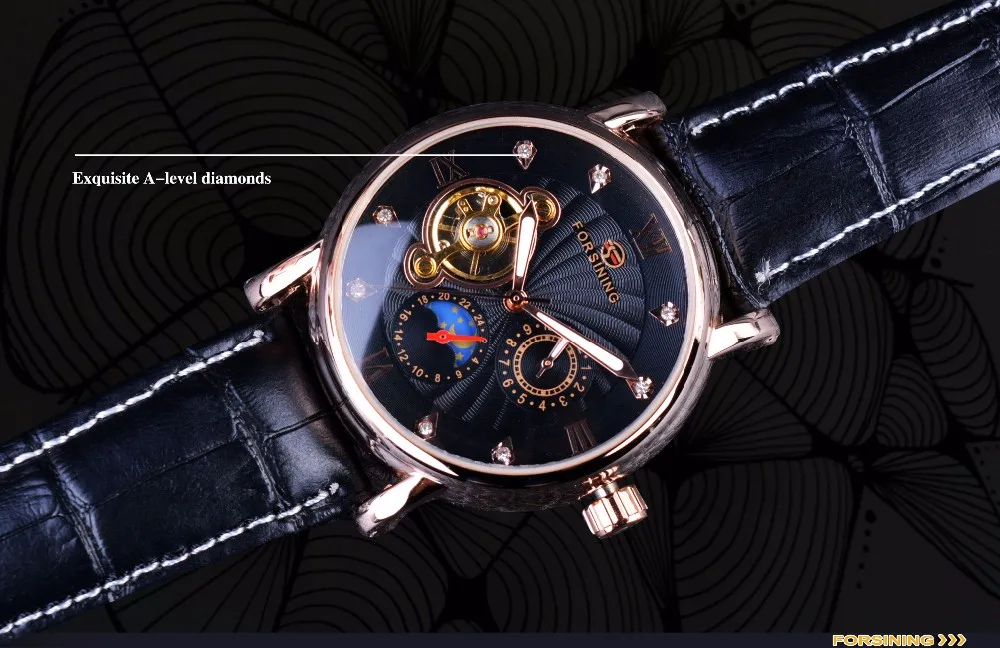 Forsining Rose Golden Tourbillion With Diamond Display