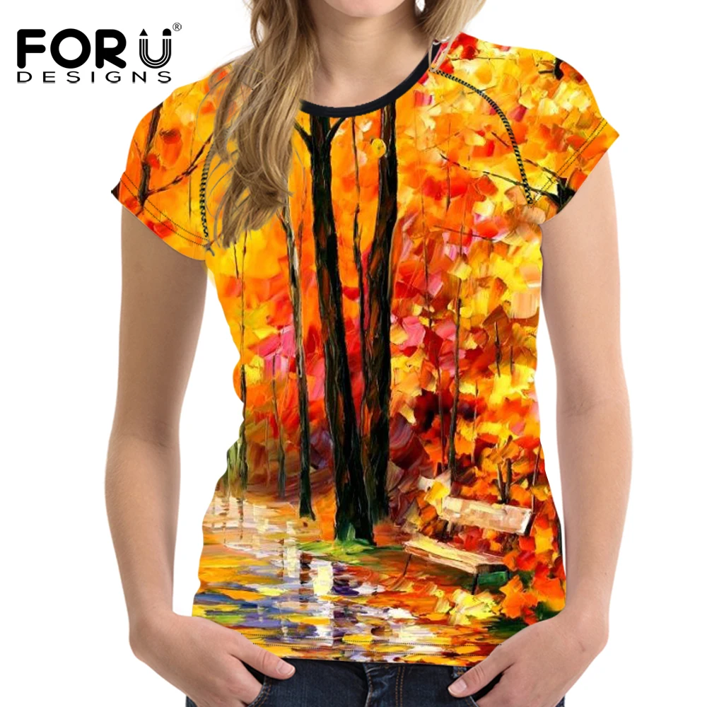 Online FORUDESIGNS T Kemeja Wanita Daun Lukisan Minyak Dicetak T shirt Teeangers Lucu Pohon Pola Tee Kemeja Puncak Musim Panas untuk Wanita