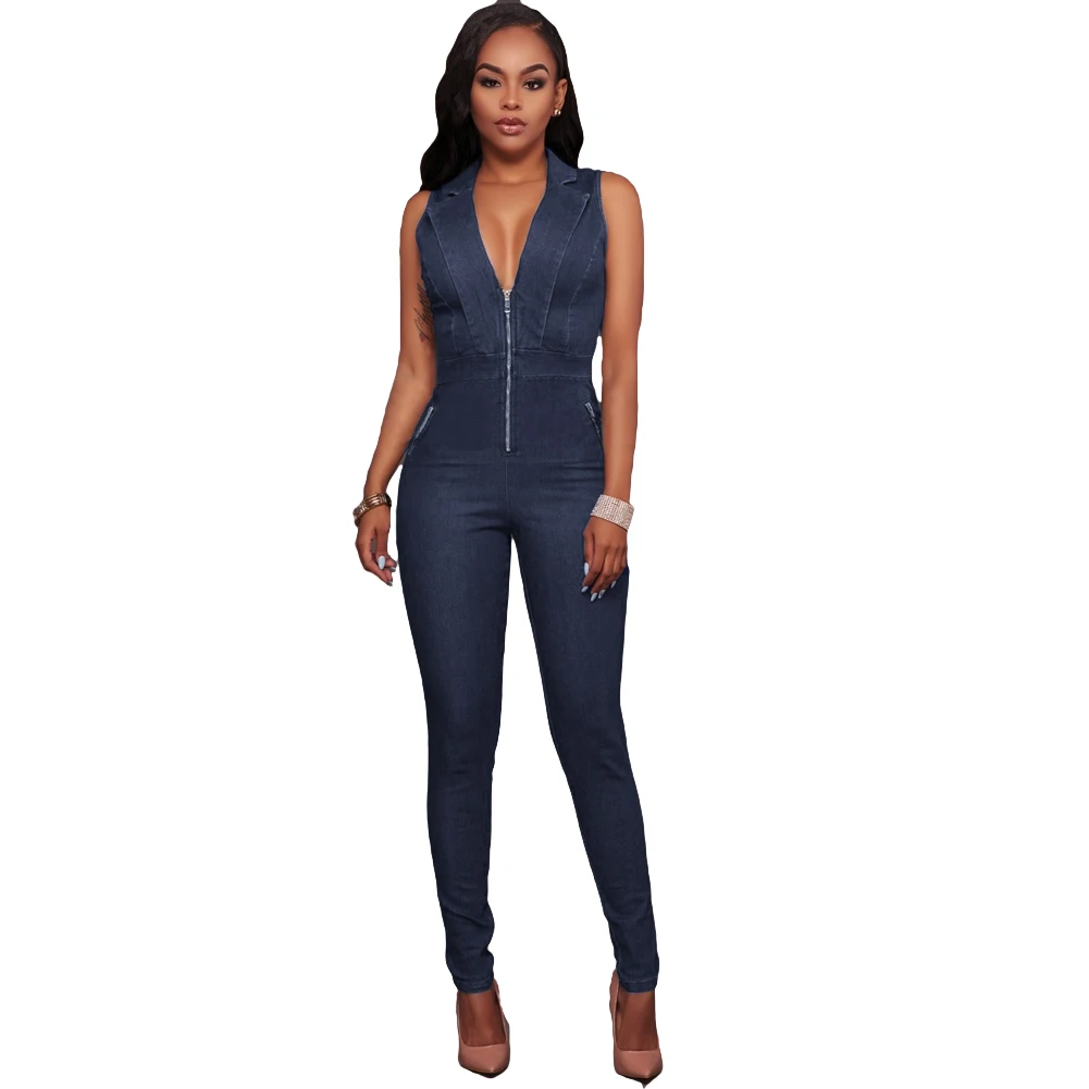 Women Denim Jumpsuits Long Pants Sexy Deep V Neck Slim Overalls