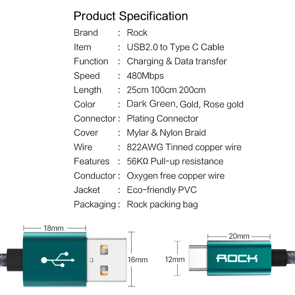 Металлический usb type-C кабель, ROCK Metal Быстрая зарядка usb type-C кабель для samsung Galaxy S8 Note 8, OnePlus 2, для Xiaomi 4C USB-C