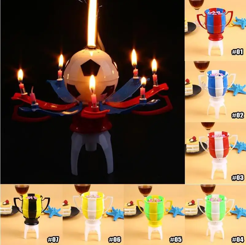 Музыкальный вращения Футбол празднование дня рождения Свечи торта Топпер С Днем Рождения Свечи с 8 свечах пользу