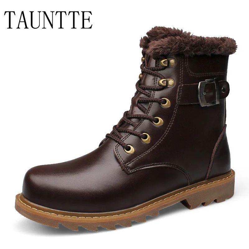 

Tauntte Men Boots Genuine Leather Keep Warm Martin Work Boots Plush Mid-Calf Snow Boots Plus Size With Fur