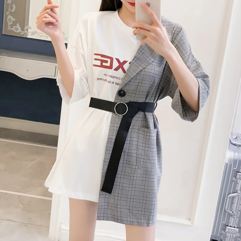 

Summer Dress For Women Fashion White Stitching Plaid Letter Dress Loose Cold Style Dresses Female Tunic Fake 2 Pieces 808G3