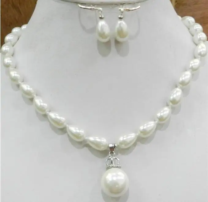 

9*13mm Dark Gray white Shell Pearl Necklace Earring & Pendant set