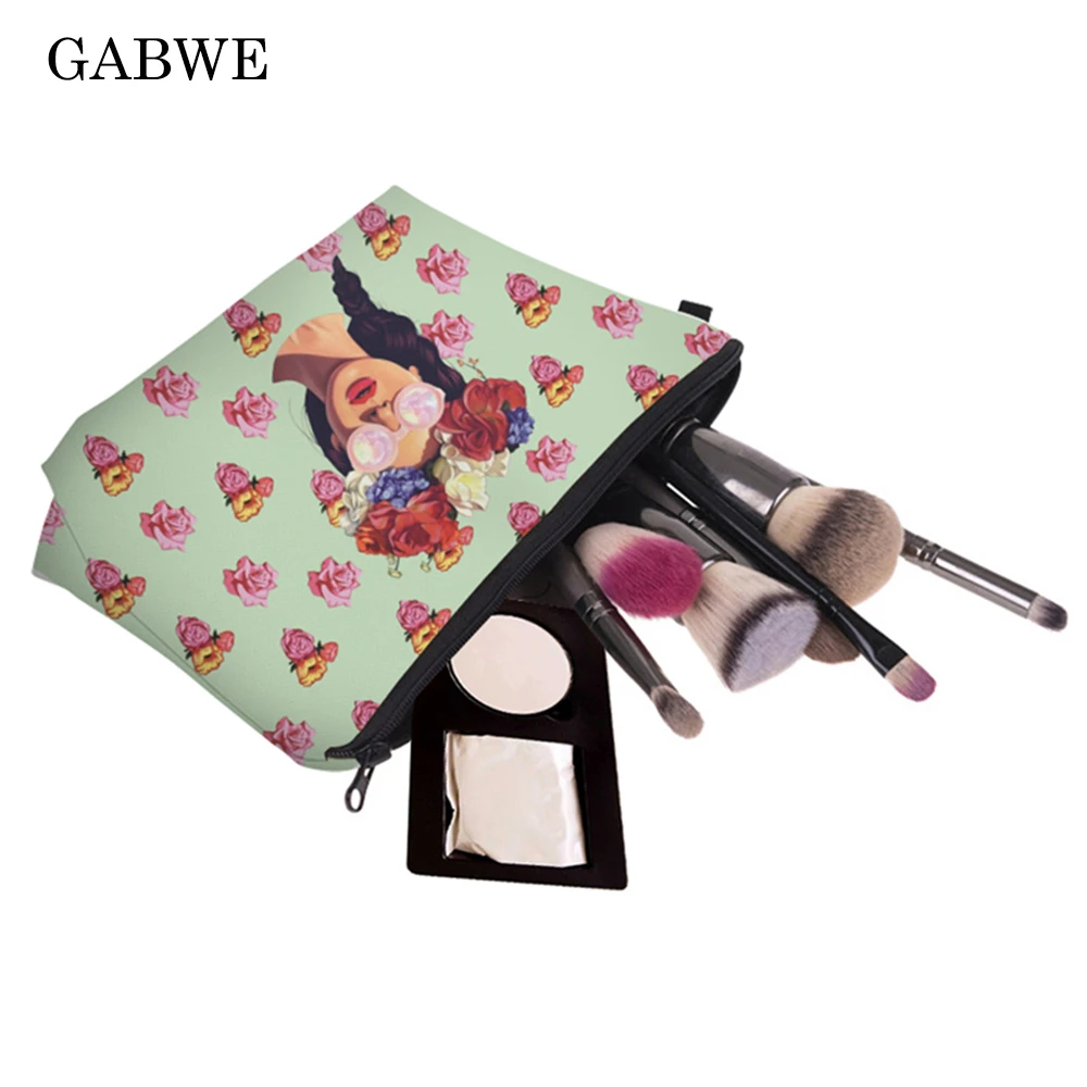 

GABWE Printed Girls Flowers Vintage Rose Cartoon Cosmetic Case Vanity Makeup Bag Travel Organizer Neceser Maleta De Maquiagem