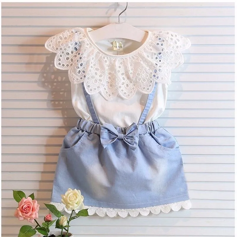 

Girls Clothing Set Baby Girl Clothes 2017 Children Fashion Sleeveless Shirt +Denim Strap Dress Toddler Girls Suit Kids Clothing