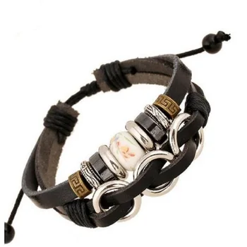 

Wholesale Fashion leather men jewelry handmade Wax rope charm bracelets for women punk rock Glass beads china bracelets & bangle