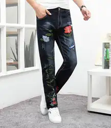 2019 прямые джинсы для мужчин модные повседневные хлопковые Синие рваные и потёртые джинсовые брюки с 3d цветочной вышивкой Большие размеры