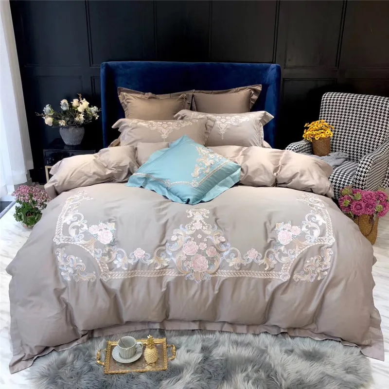 

Luxury Flowers Embroidery 100S Egyptian Cotton Palace Bedding Set Gray Light Green Duvet Cover Bed sheet Bed Linen Pillowcases