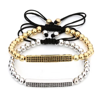 

Fashion Gold Color 5mm Copper Beads Micro Pave Black CZ Long Tube Charms Braided Macrame Bracelet for Men Women Bisuteria Mujer
