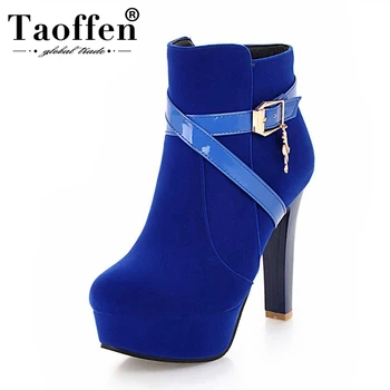 

TAOFFEN Women Ankle Boots Cross Strap Buckle Platform Fashion Winter Shoes Women Zipper Fur Warm High Heels Boots Size 34-43