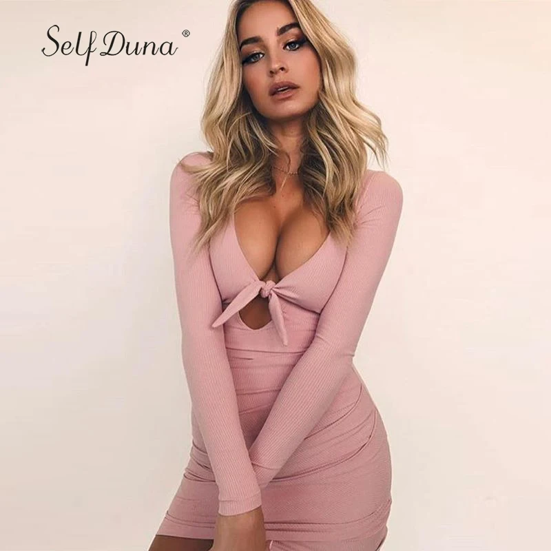 

Self Duna 2017 Autumn Winter Women Pink Mini Dress Bow V Neck Pencil Dress Long Sleeve Sexy Hollow Out Short Bodycon Dress