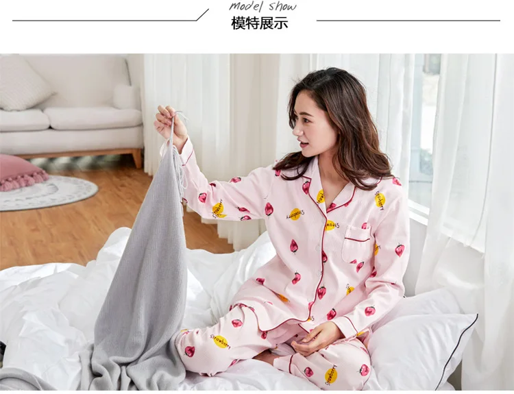 2018 из двух частей женские пижамы женские осенние с длинными рукавами карманов домашняя одежда милые с принтом клубники свободные костюмы