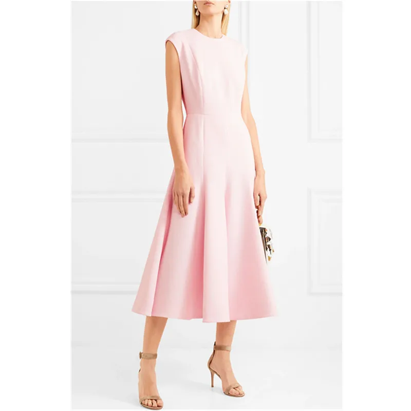 

Elegant Office Lady A Line Dresses 2019 New Arrival Fashion High Waist Sleeveless OL Slim Women Dress Sweet Pink O Neck Vestidos