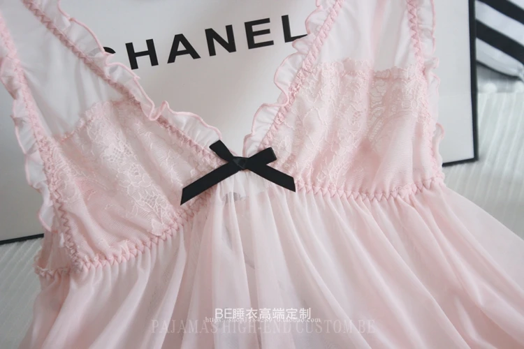 Белая, черная, розовая кружевная шифоновая ночная рубашка, сексуальное женское летнее экстремальное искушение, Прозрачное нижнее белье с стрингами