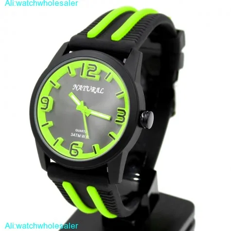 FW848P New NATURAL Silicone Black Band Gorgeous Stylish Neon Green Fashion Watch