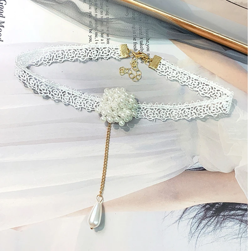 DoreenBeads Romantic Handmade Chocker Necklace White Lace Rope Limited Pearl Beads Tassel Hot Jewelry For Women Gift,1 PC