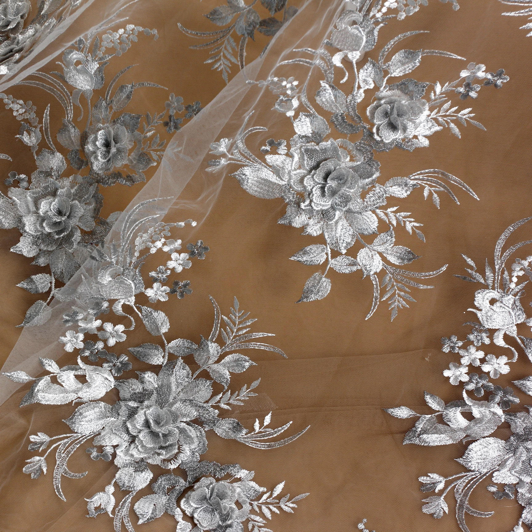 

New fashion 5colors with 3D flowers on mesh embroidery lace fabric by yard 130cm width