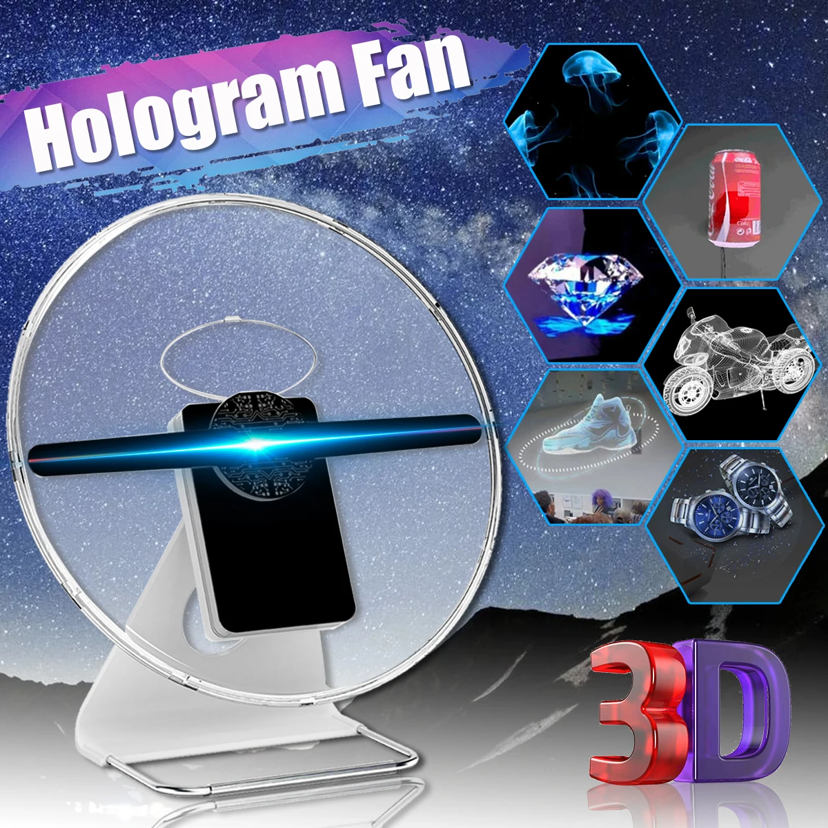 Portable 30CM 3D Holographic Projector With Battery Hologram Player LED Display Fan Advertising Light APP Control Portable 30CM 3D Holographic Projector With Battery Hologram Player LED Display Fan Advertising Light APP Control