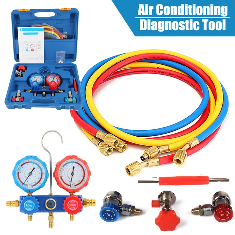 

R134a Air Condition Diagnostic Tool Manifold Gauge Air Conditioner Refrigeration Freon Kit With Adjustable Connector