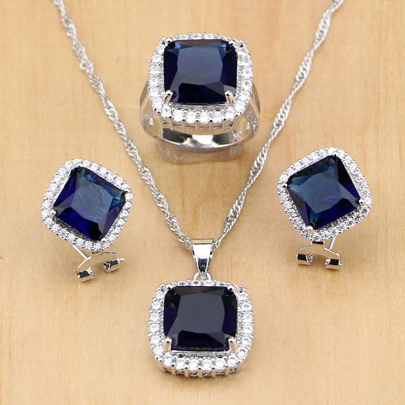

Silver 925 Jewelry Sets Blue Zircon White CZ Beads Wedding Decorations For Women Earrings/Pendant/Ring/Necklace Mom's Gift