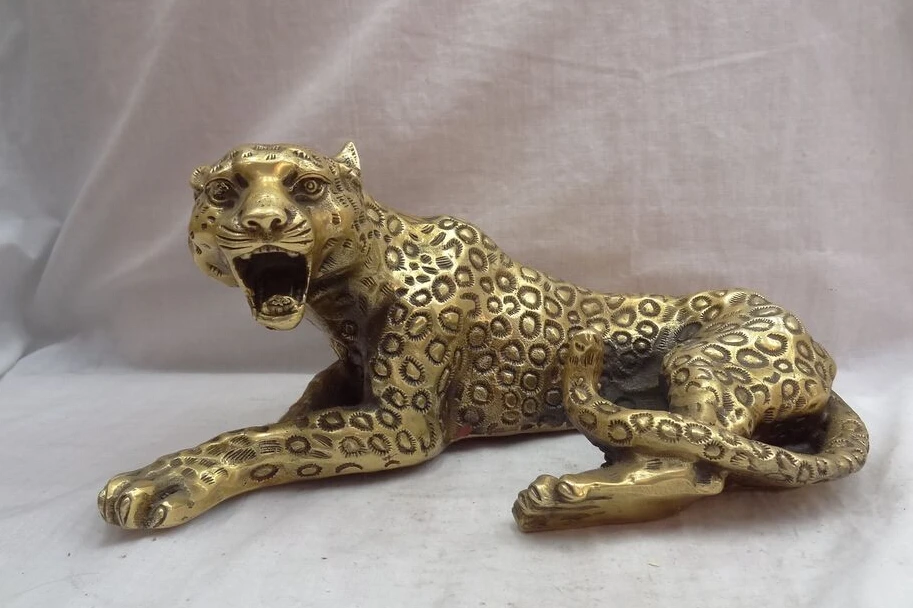 

JP S0606 12" Folk Chinese Brass Animals Wealth Wild Fierce Lying Leopard Panther Statue Discount 35%