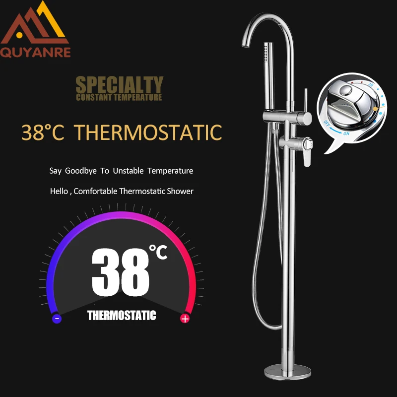 

Quyanre Chrome Thermostatic Shower Faucets Floor Standing Faucet 360 Rotation Thermostatic Shower Mixer Tap Bath Shower Faucet