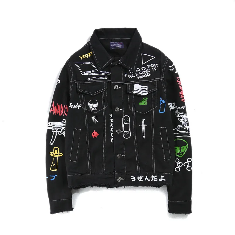 Мужская джинсовая куртка, мужские ковбойские куртки в стиле хип-хоп с граффити yokosuka, модная куртка в стиле Харадзюку, хлопковая верхняя одежда с отложным воротником, рваные