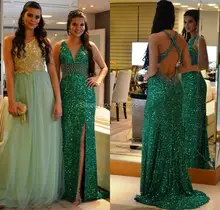 Militär Ball Kleider V-ausschnitt Lange Einbau Hohe Slit Pailletten Open Back Abendkleid Grün Kristall Abendkleid Vestidos para noite