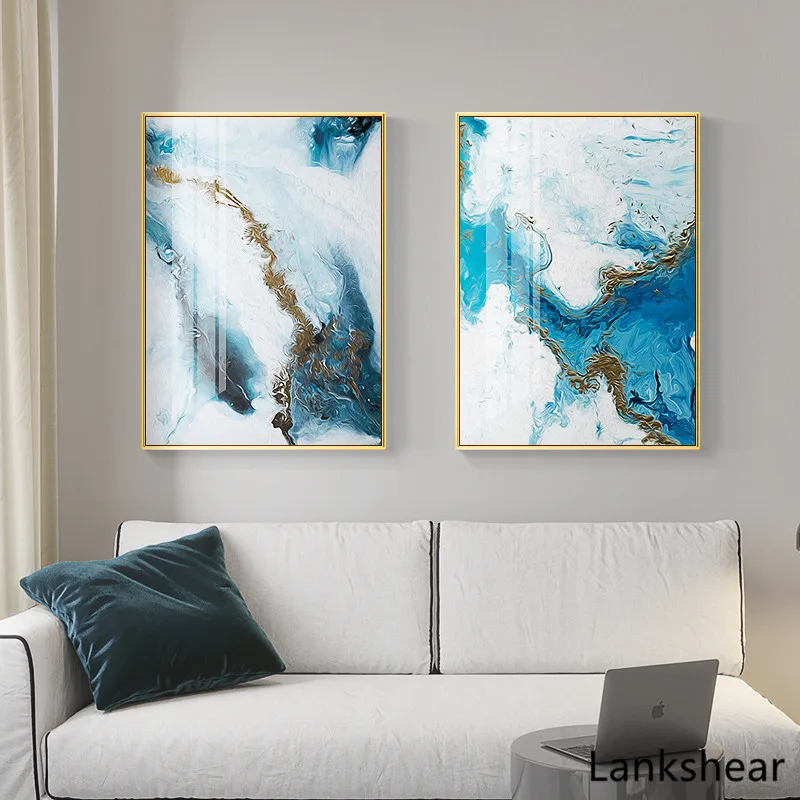 Nordic Abstract Color Spalsh Blue Golden Canvas Painting Poster And Print Unique Decor Wall Art Pictures For Living Room Bedroom