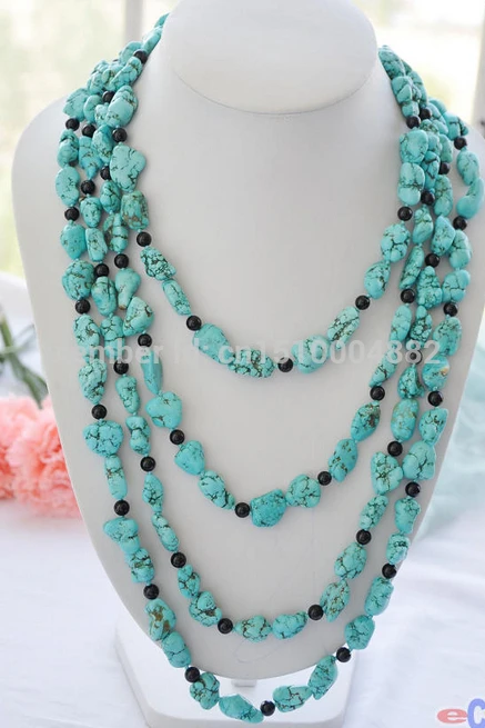 

FREE SHIPPING>>>@ NEW HOT805 long 100" 15mm original blue turquoise black agate bead necklace