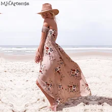 Boho Chic style Maxi dress women Off shoulder Beach Summer dress Floral print Chiffon White Long dress Vestidos de festa