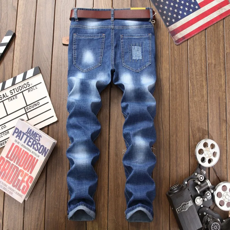 Active Streetwear Man Printed Jean Slim Ripped Decor Flag Destroyed Patchwork Paint denim Pant Men s 4