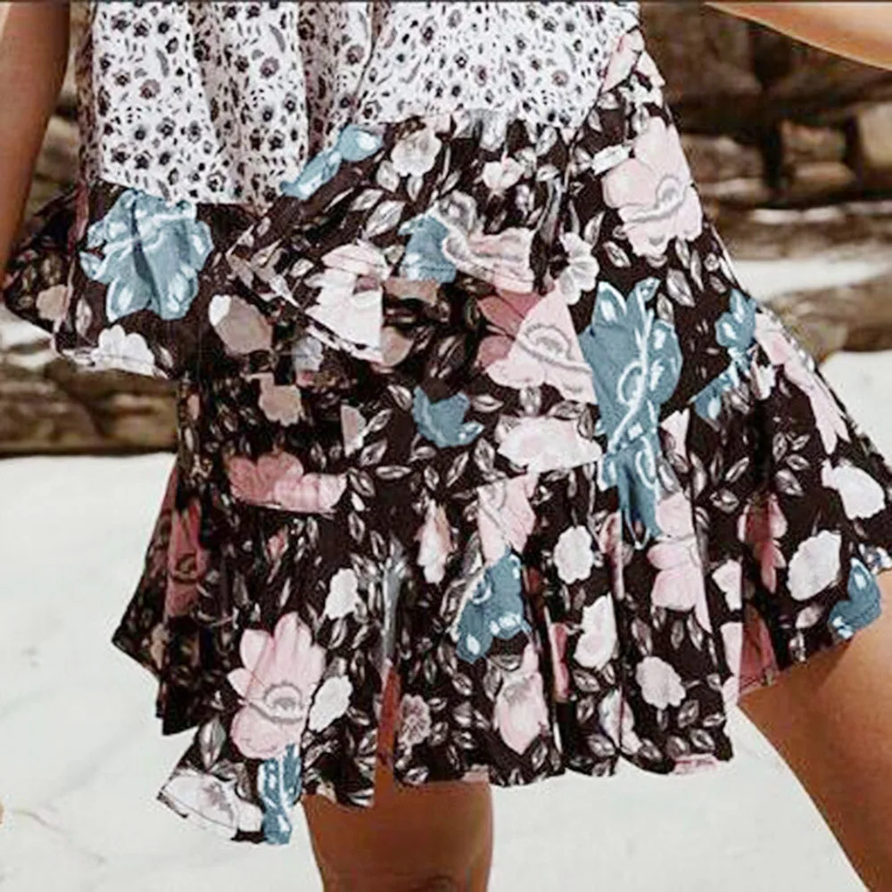 

Summer New Fashion Mini Skirt Women Casual Beach Floral Print A-line Elastic Waist File Ruffle Short Skirt trendyol harajuku #C