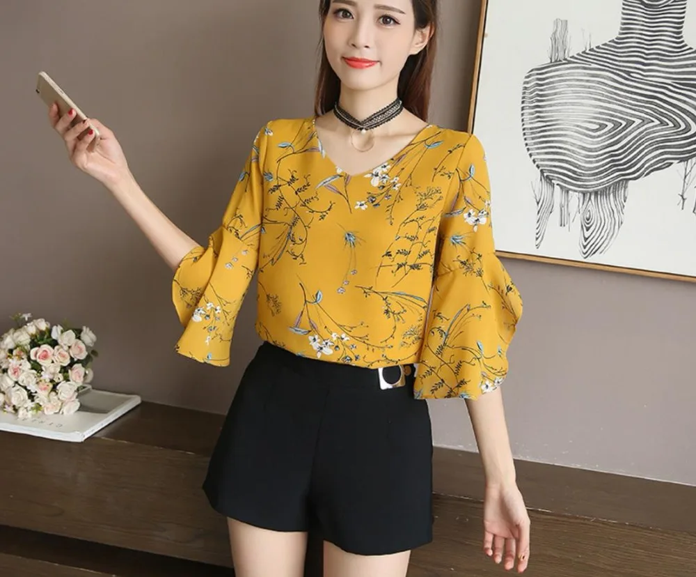 2019 الصيف بلوزة قميص الأزهار الشيفون قميص البرية البوق كم أعلى النساء فضفاضة رقيقة كم الشيفون قميص 201914