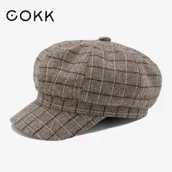 COKK осенне-зимняя шапка Newsboy Кепка s Женская мужская клетчатая вязаная восьмиугольная шапка винтажная маляр шляпа женские береты