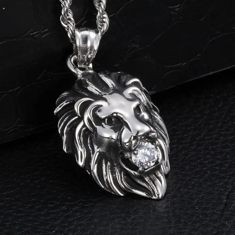 Gold or Silver Color Stainless Steel Fashion New Men's Boy's Lion Pendant Necklace White Stone 4