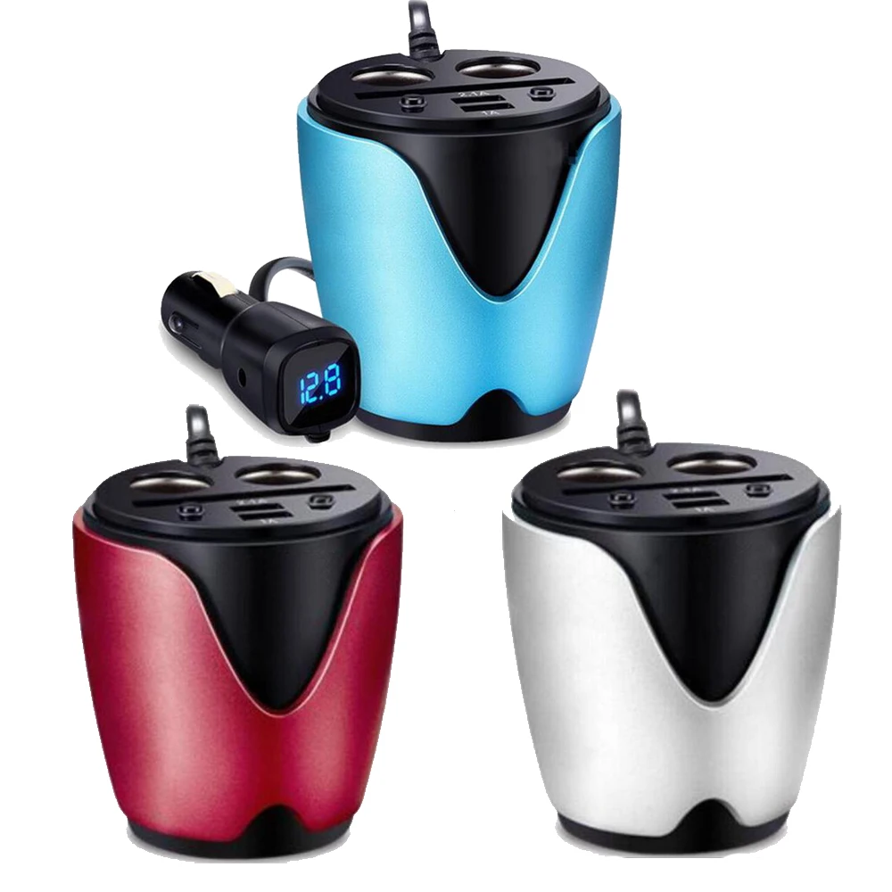 

car charger 3 color output 2 USB ports car charger Voltage Current display car cup holder Car Cigarette Lighter Socket Adapter