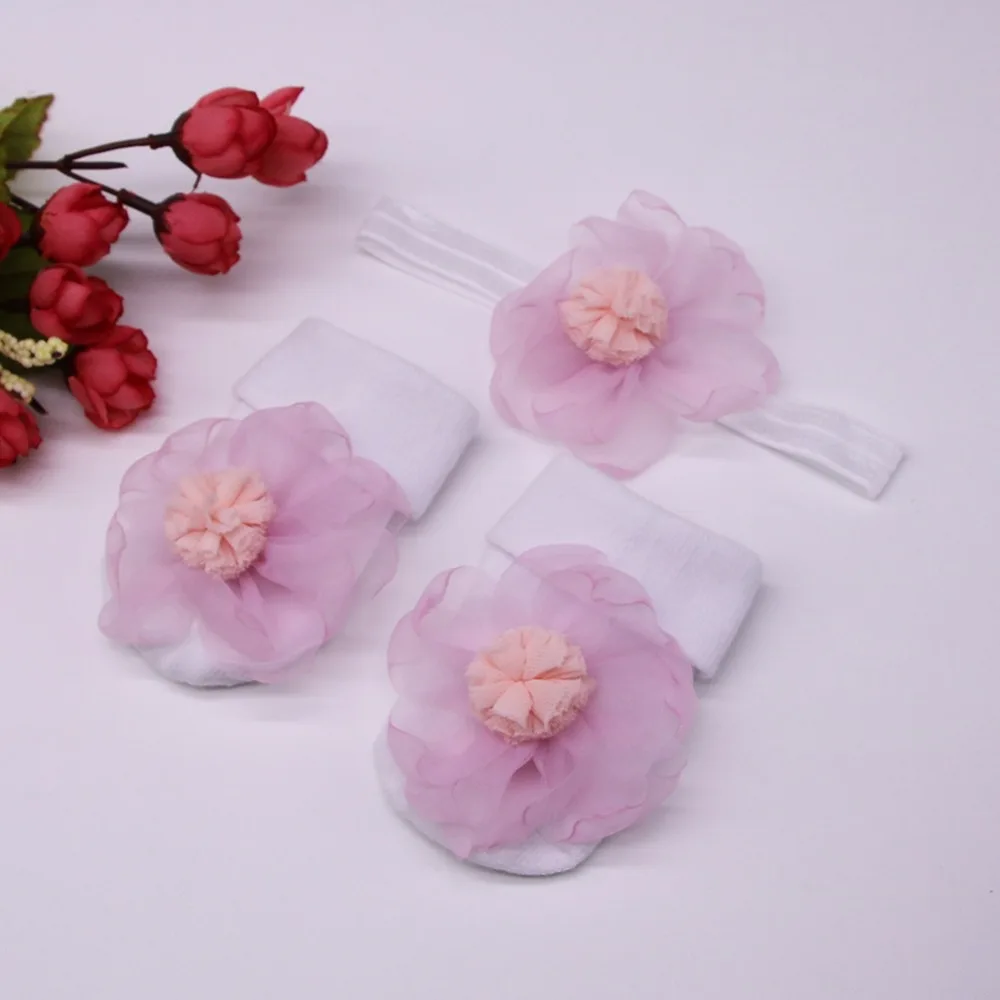 2PCS/SET Baby Socks+ Headband Set Lovely Flowers Decorated Anti-Slip Cotton Ankle Socks with Elastic Hair Band