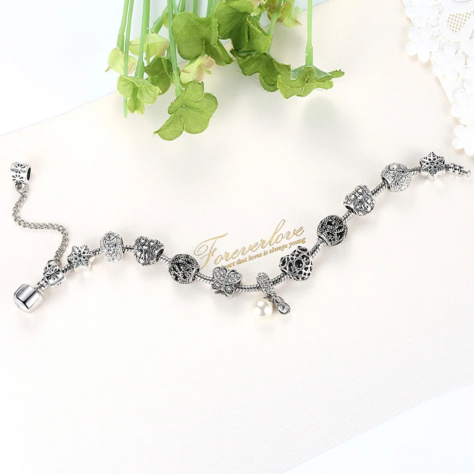ELESHE Antique Silver Star Heart Charms Female Bracelet With Safety Chain Silver Snake Chain Bracelet for Women Accessories