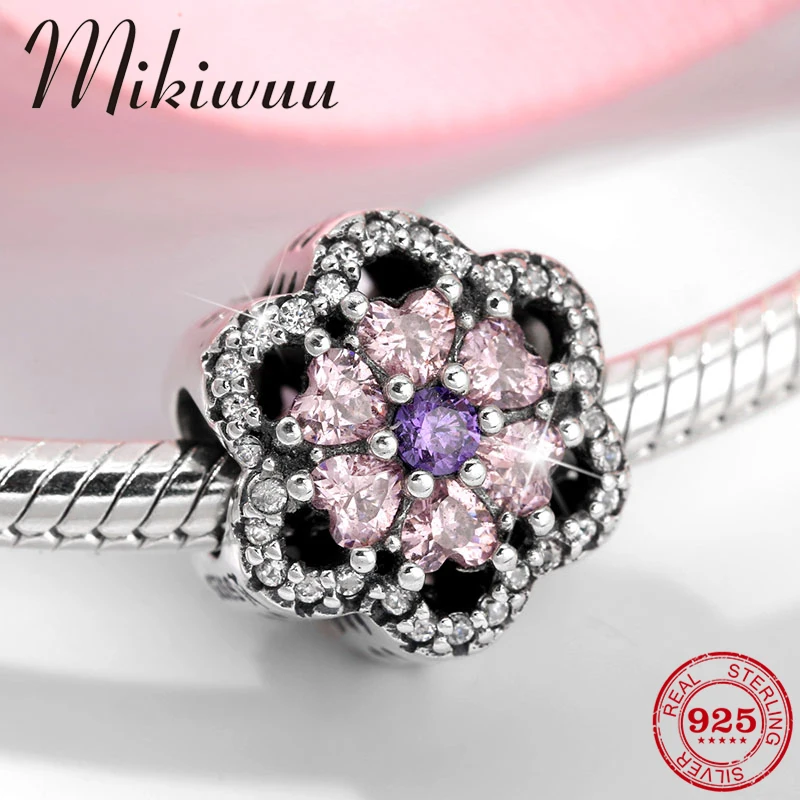 

Cherry blossom shape 925 Sterling Silver love heart Pink clear CZ fine beads Jewelry making Fit Original Pandora Charm Bracelet