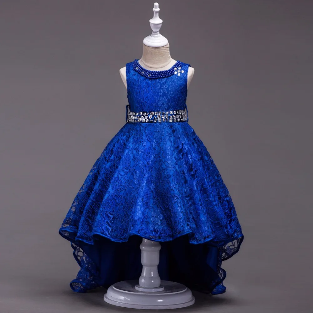 Синий Высокий Низкий Кружевное платье с цветочным рисунком платья для девочек, Q002 свадьбы 2018 В наличии Китай Лидер продаж дешевые кристалл