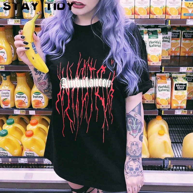 

STAY TIDY Gothic Letter Print Reflective Grunge Harajuku Top Women Loose Black Short Sleeve O Neck T Shirt Cotton Streetwear Tee