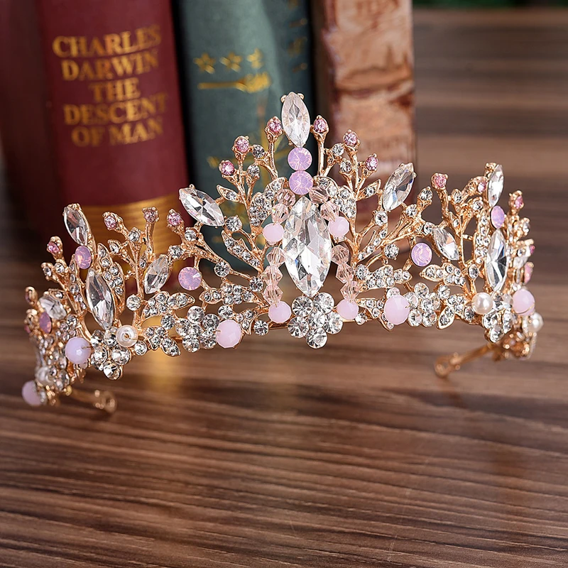 

Branch Bridal Crown Headband Rhinestone Bride Head Jewelry Pink Crystal Princess Tiara Handmade Wedding Hair Accessories